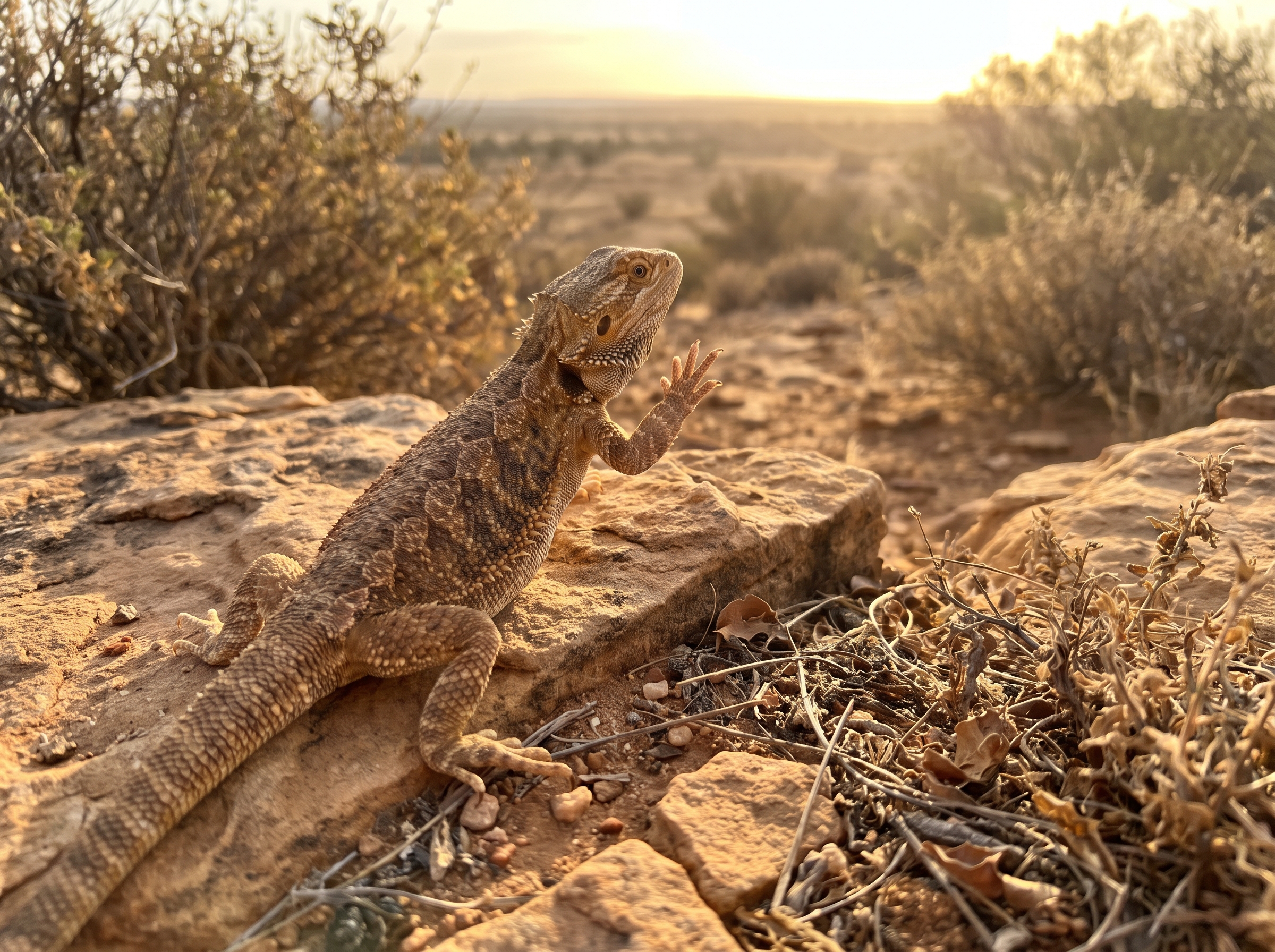 A bearded dragon in the wild performing an arm-waving gesture on rocky ground.
