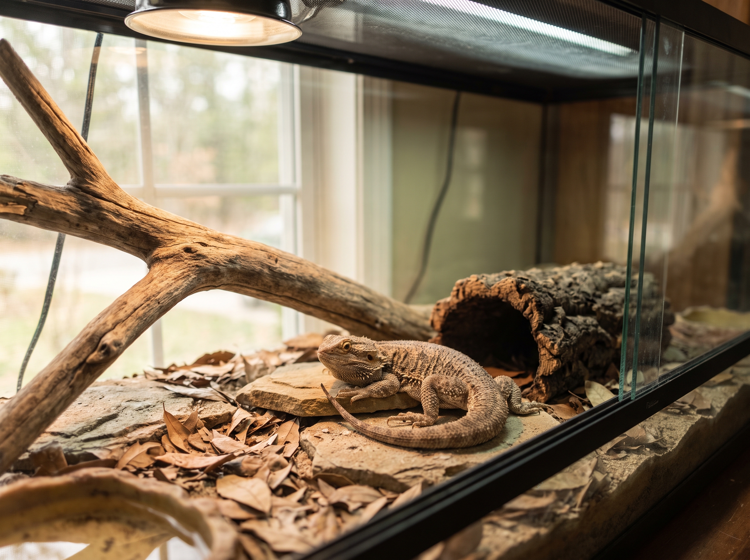 A spacious glass terrarium set up as a bearded dragon habitat.