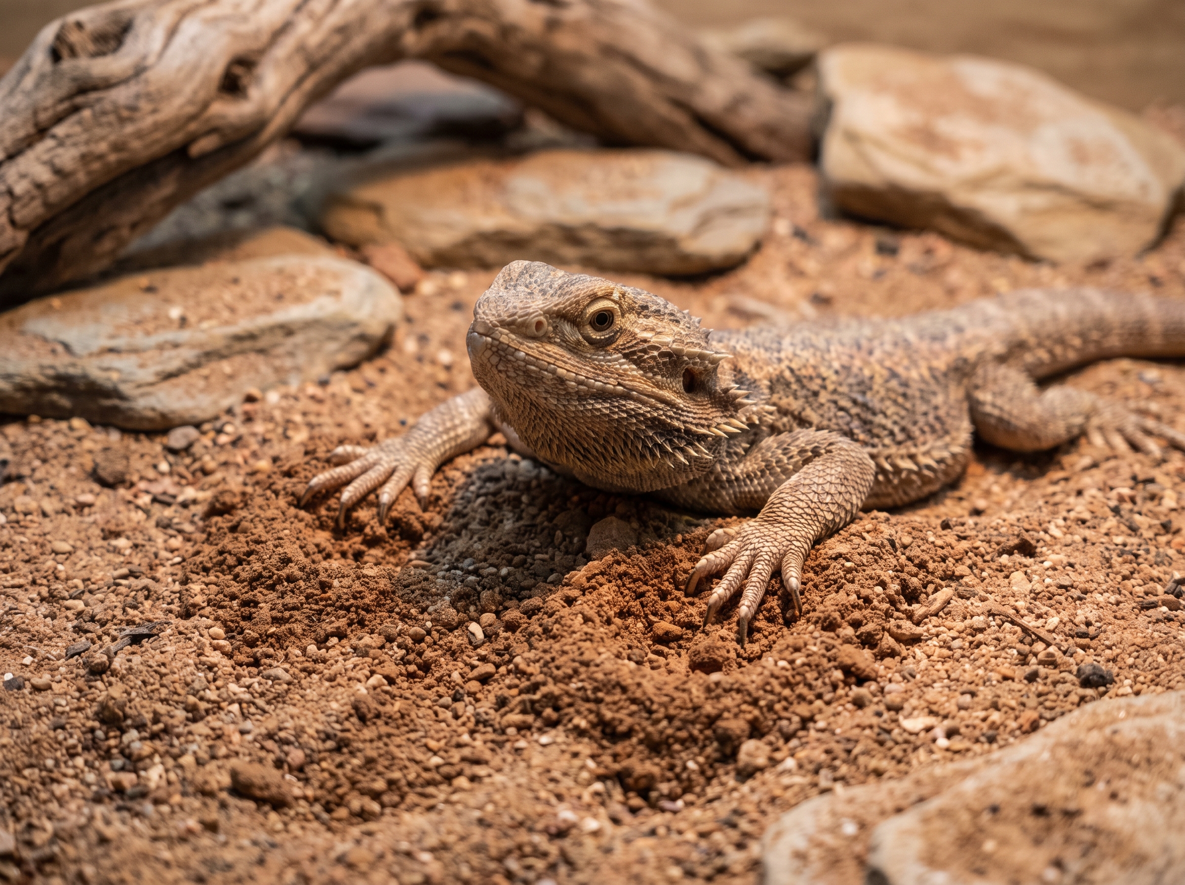 A bearded dragon digging into a sand and soil substrate mixture.