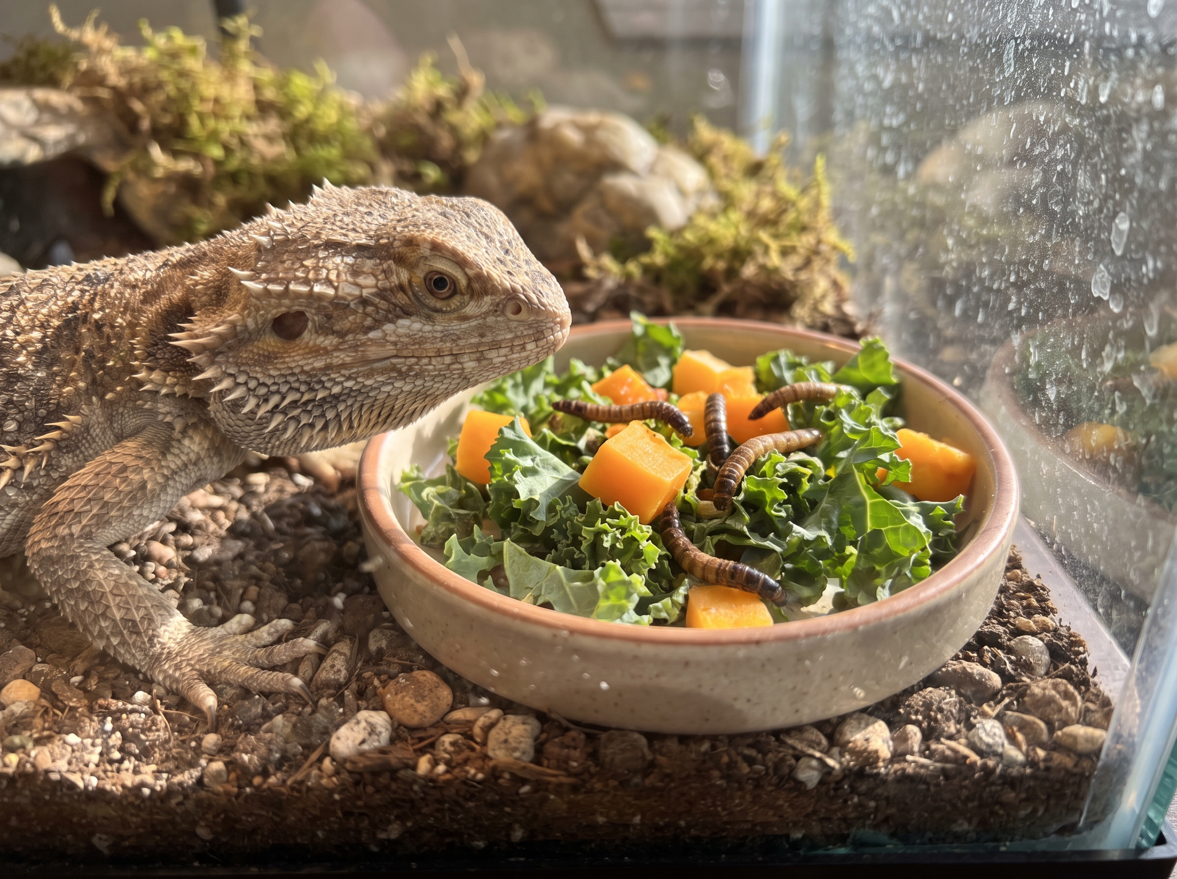 A bearded dragon approaching a dish of mixed greens and insects.