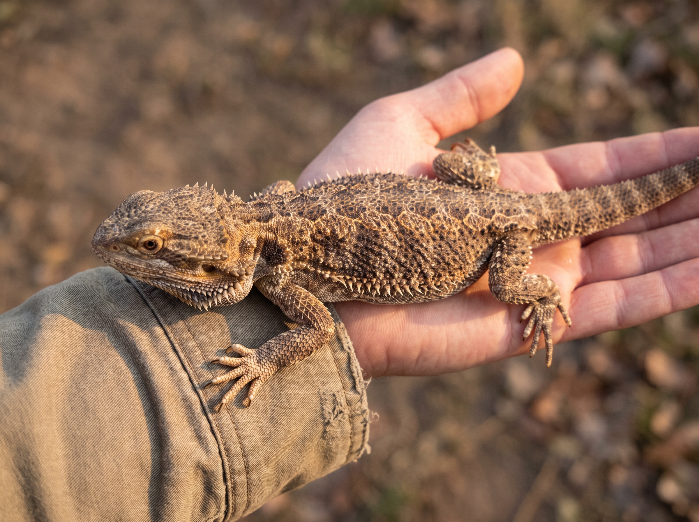 A bearded dragon being supported securely across an open palm and forearm.