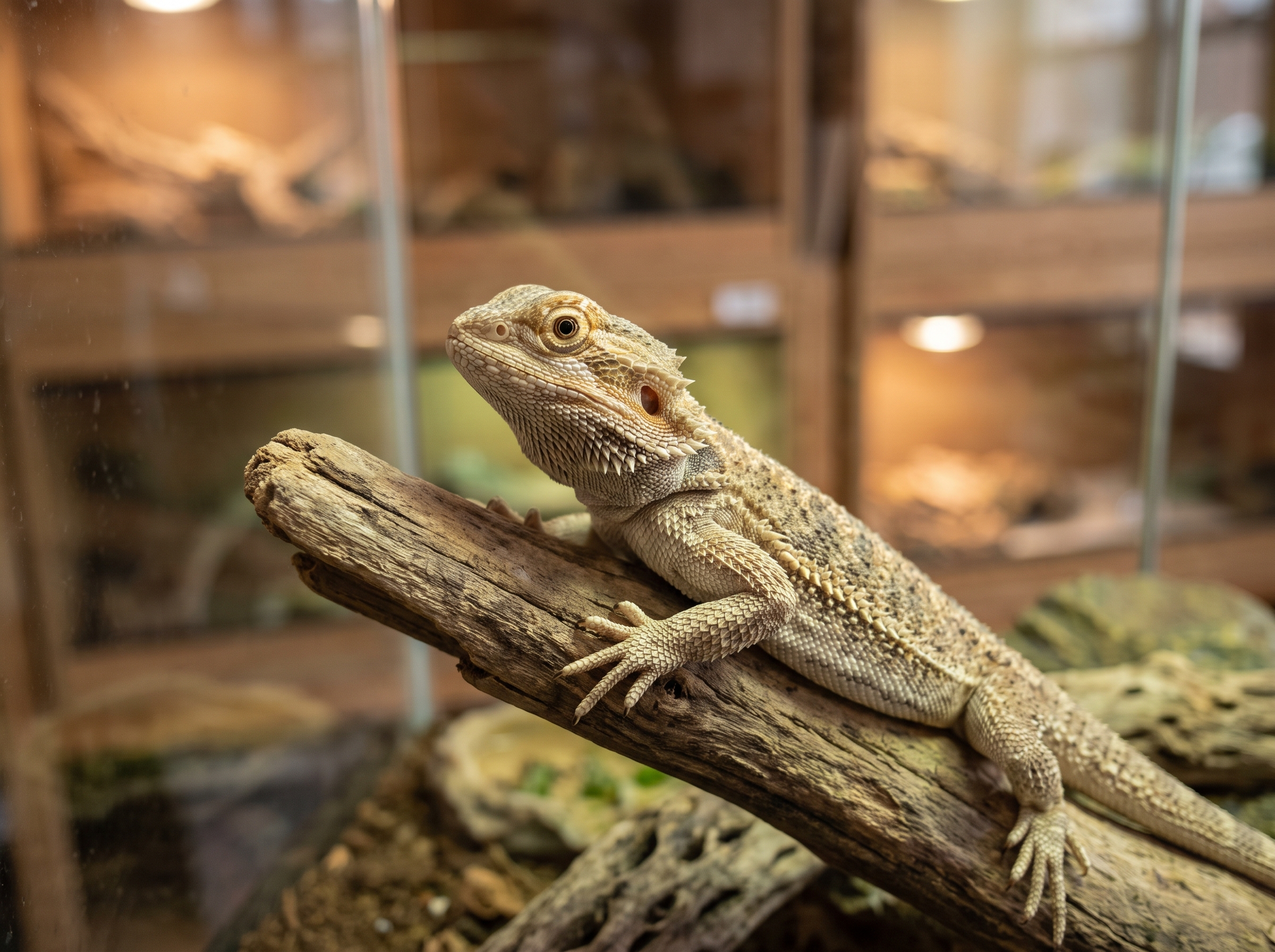 A young bearded dragon displayed in a clean enclosure at a reptile shop.