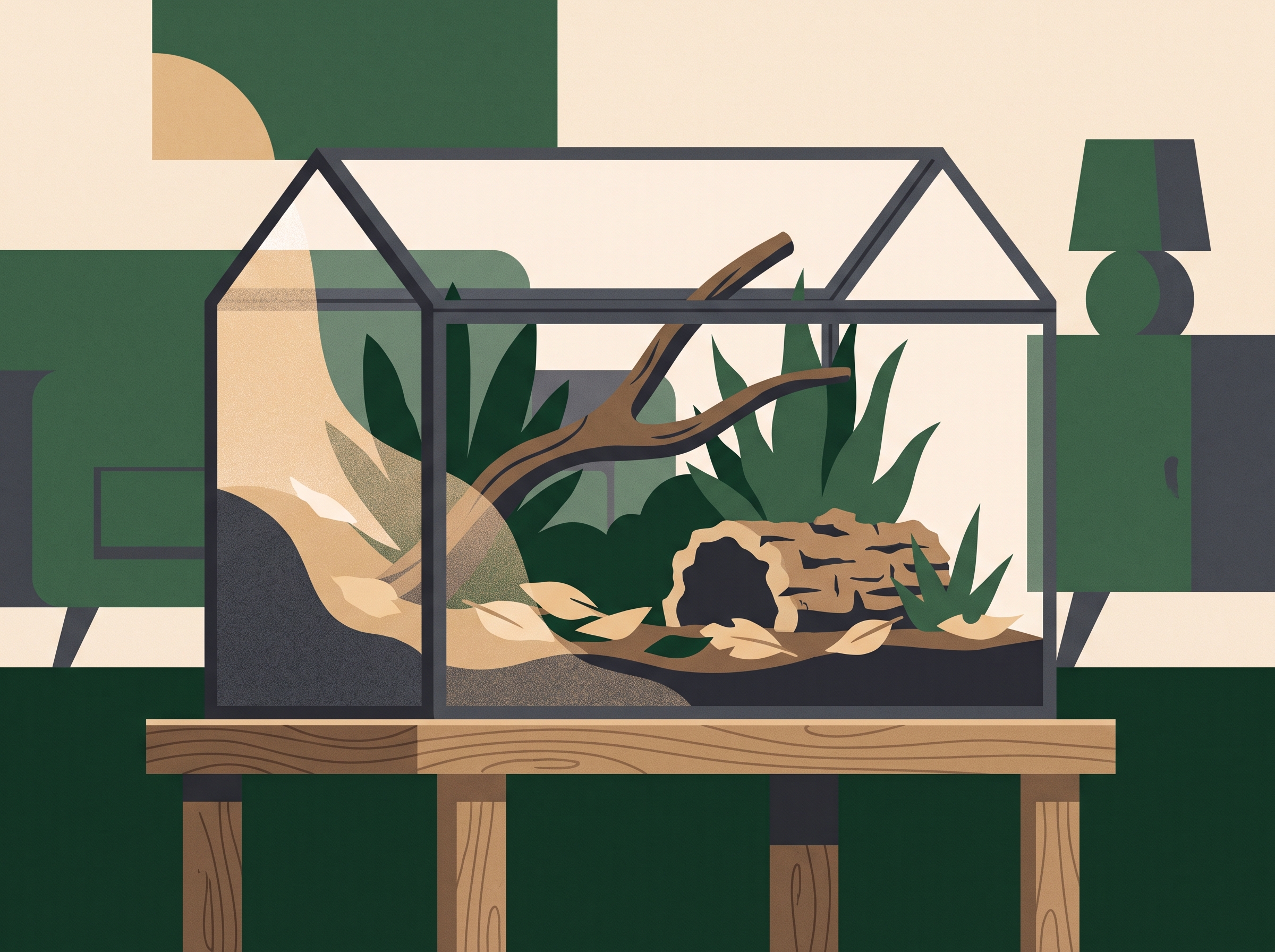 An empty, furnished glass terrarium set up in a home living space.