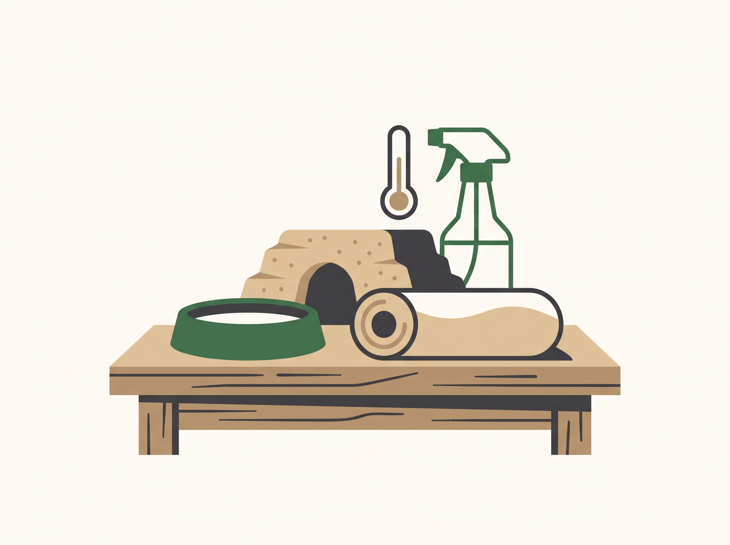 A tidy arrangement of reptile husbandry supplies on a wooden tabletop.