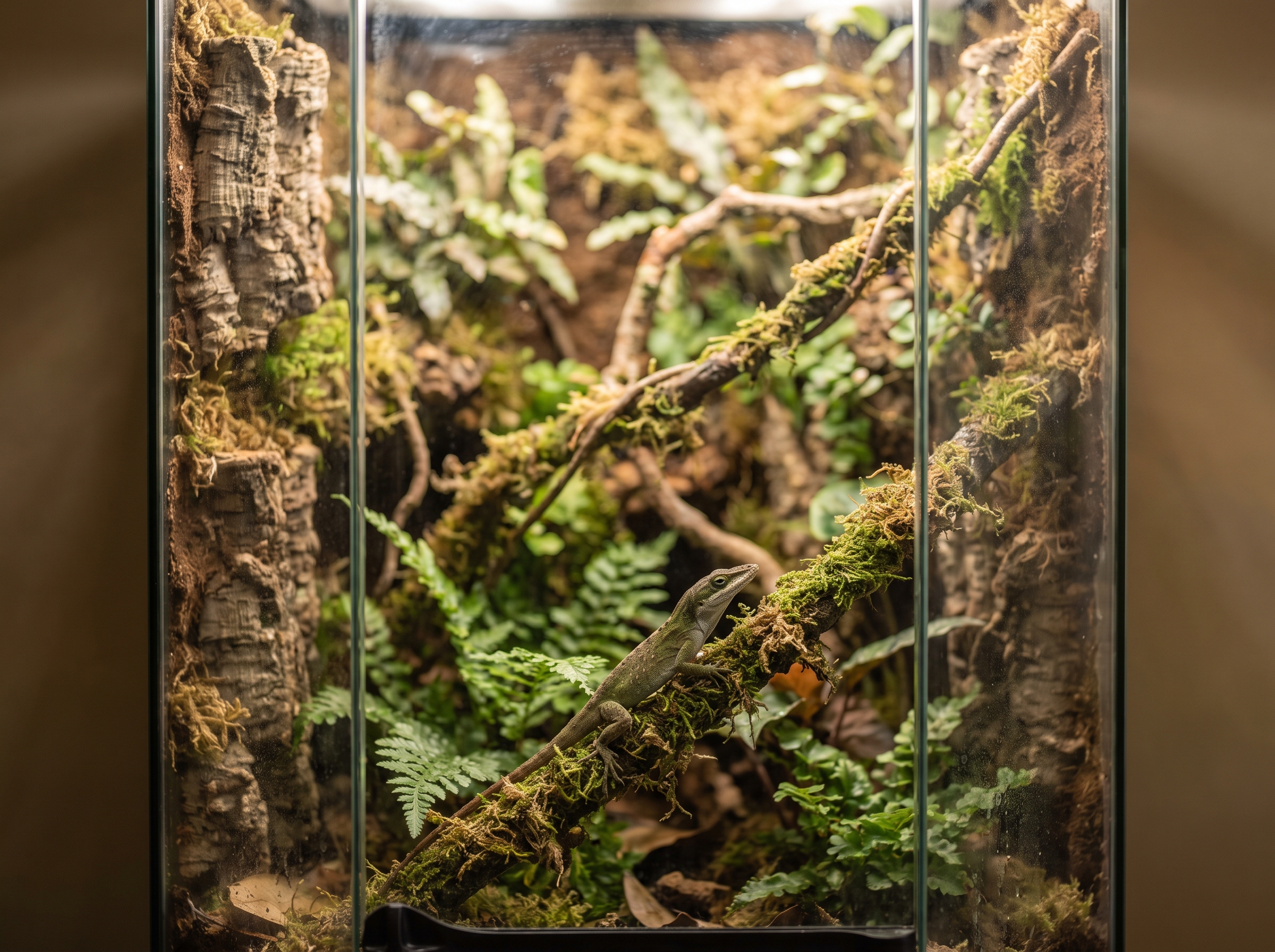 A tall planted terrarium set up with branches and foliage for climbing.