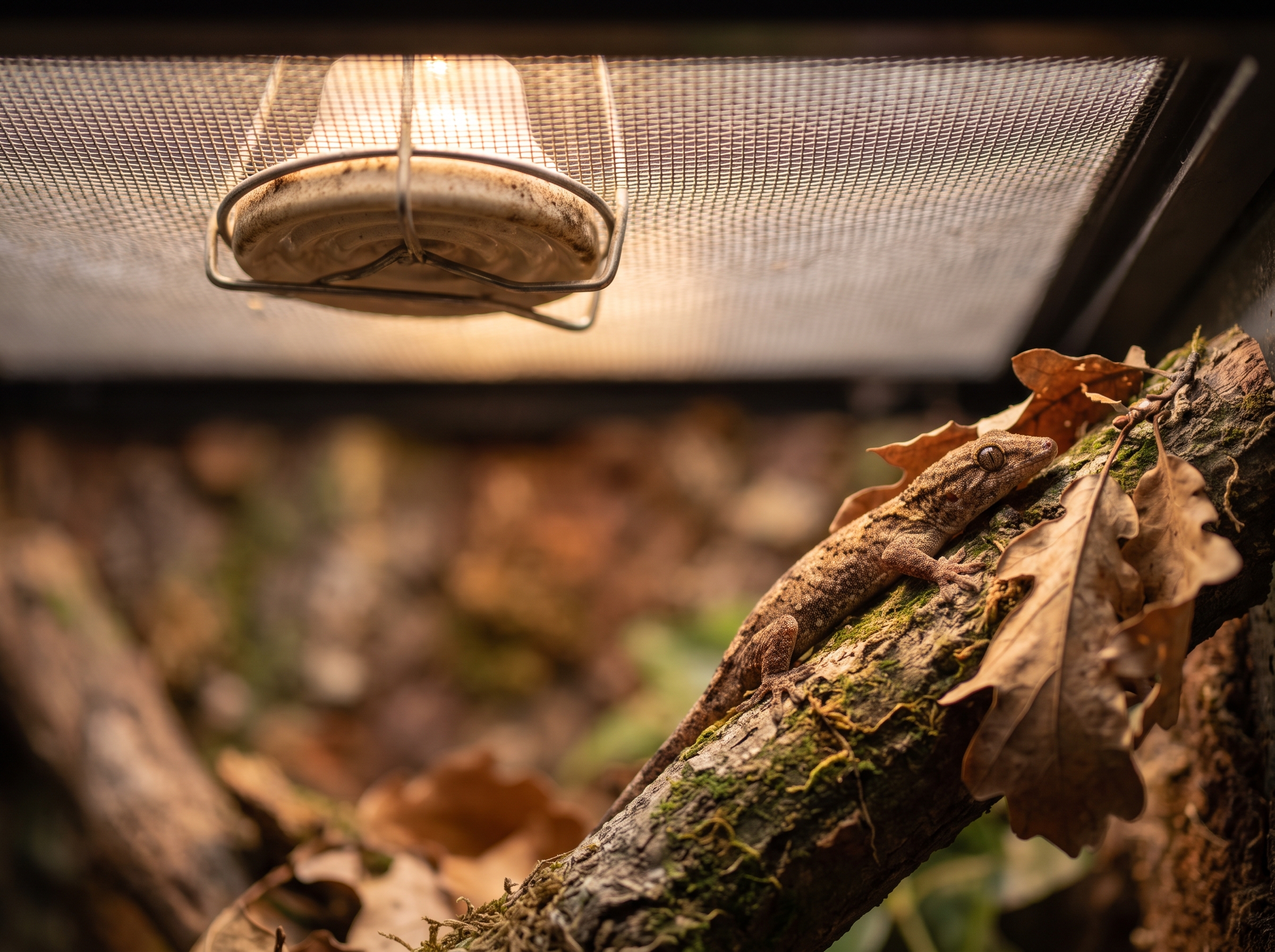 A terrarium basking area lit from above by a small overhead light fixture.