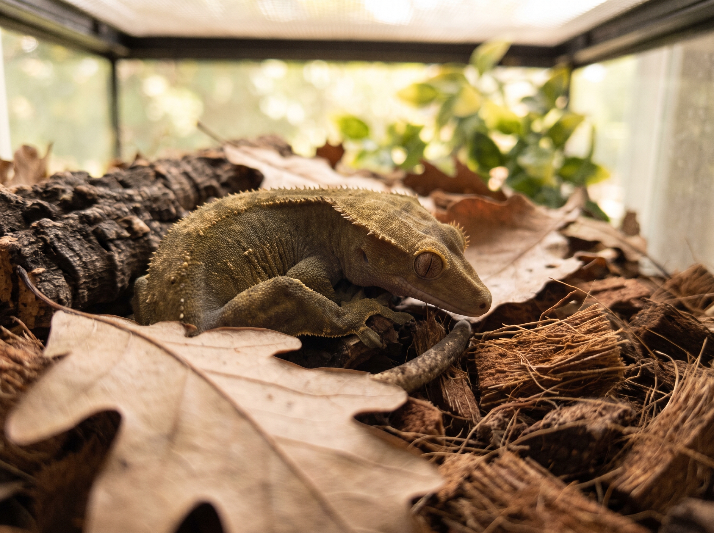 A crested gecko rests on coconut fiber substrate among leaf litter.