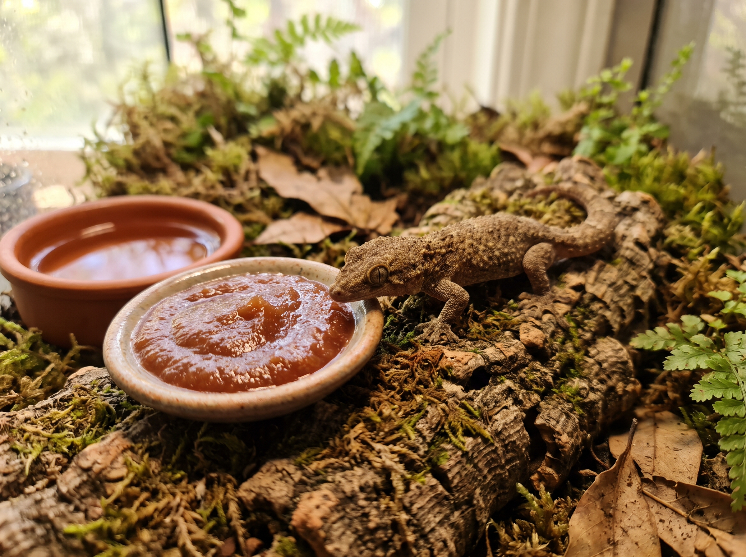 A gecko approaches a feeding dish and water bowl placed on cork bark.