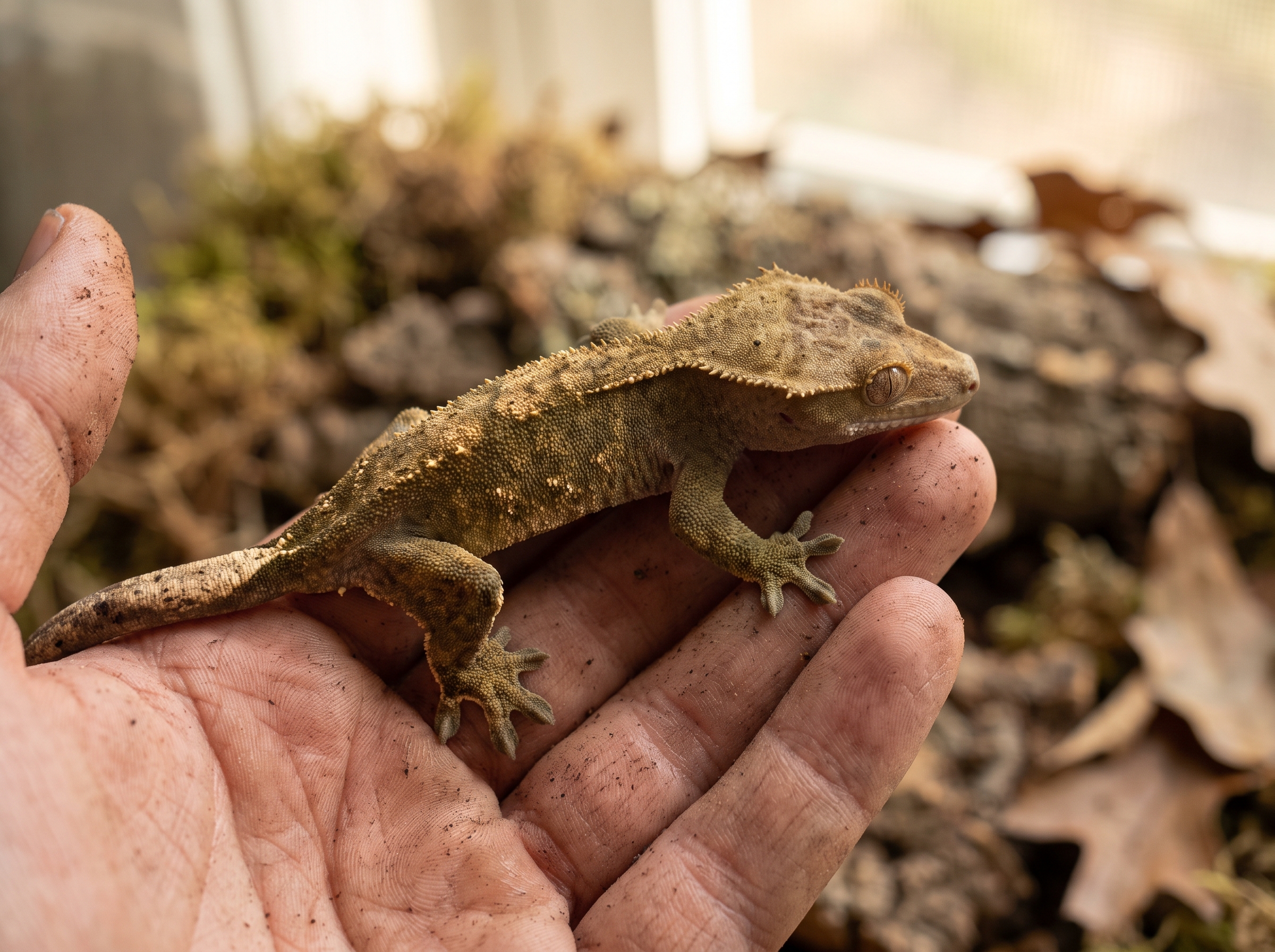 A gecko walks across an open cupped hand.