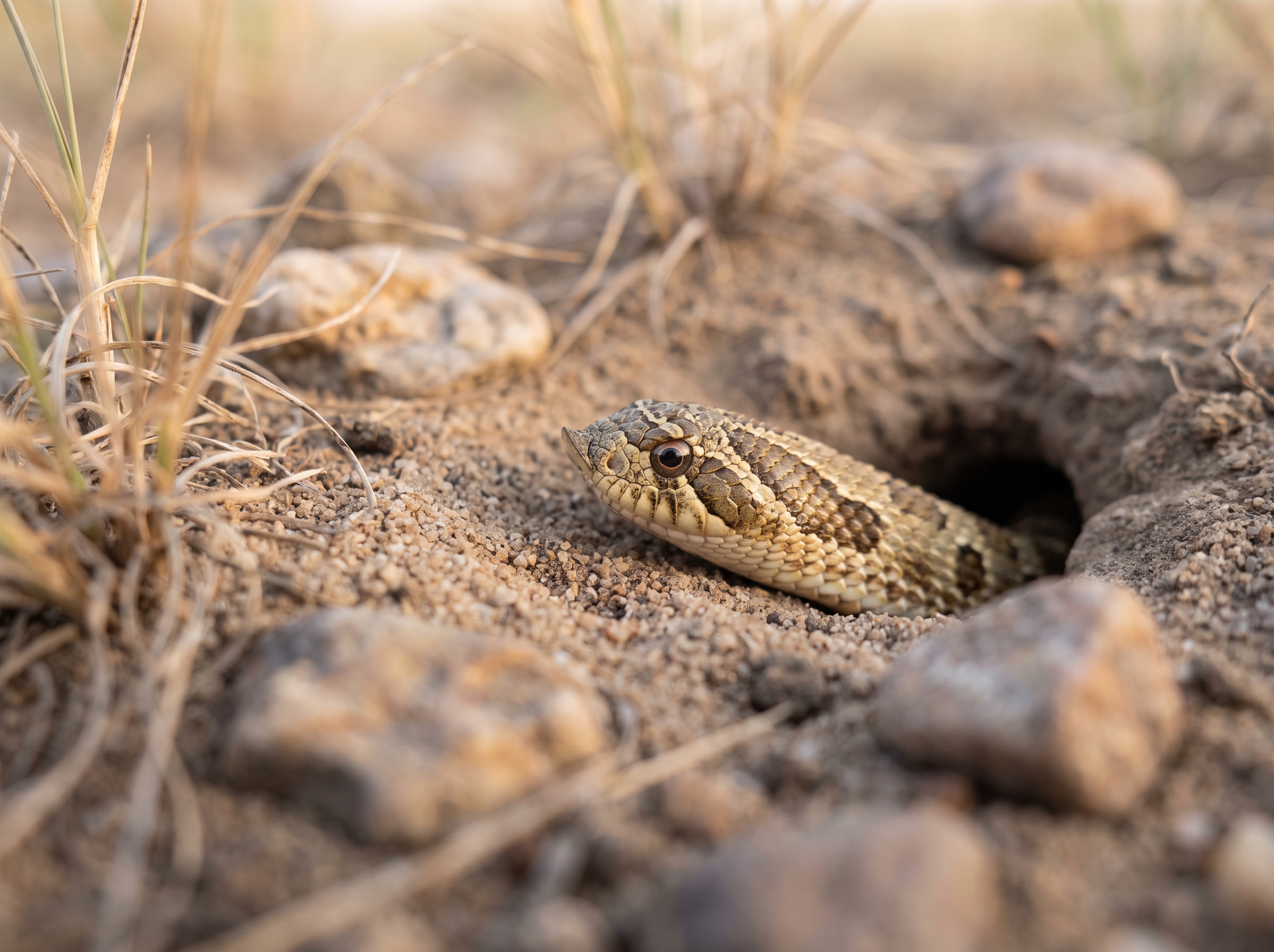 A western hognose snake emerging from a burrow in a dry grassland habitat.