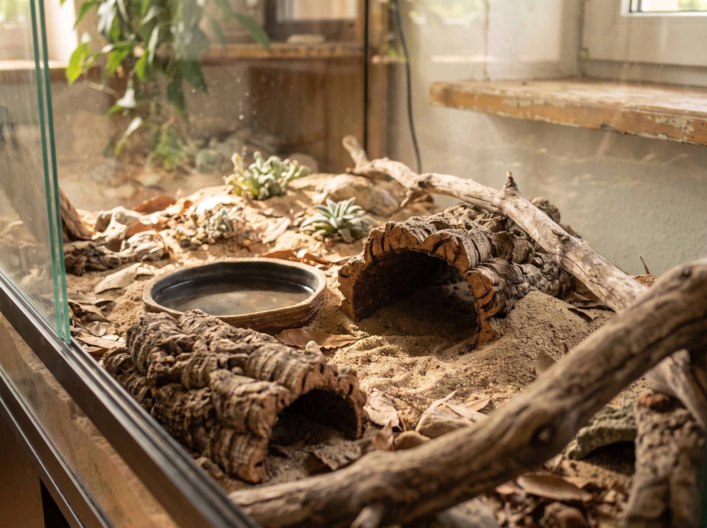 An empty naturalistic terrarium set up for a burrowing snake.