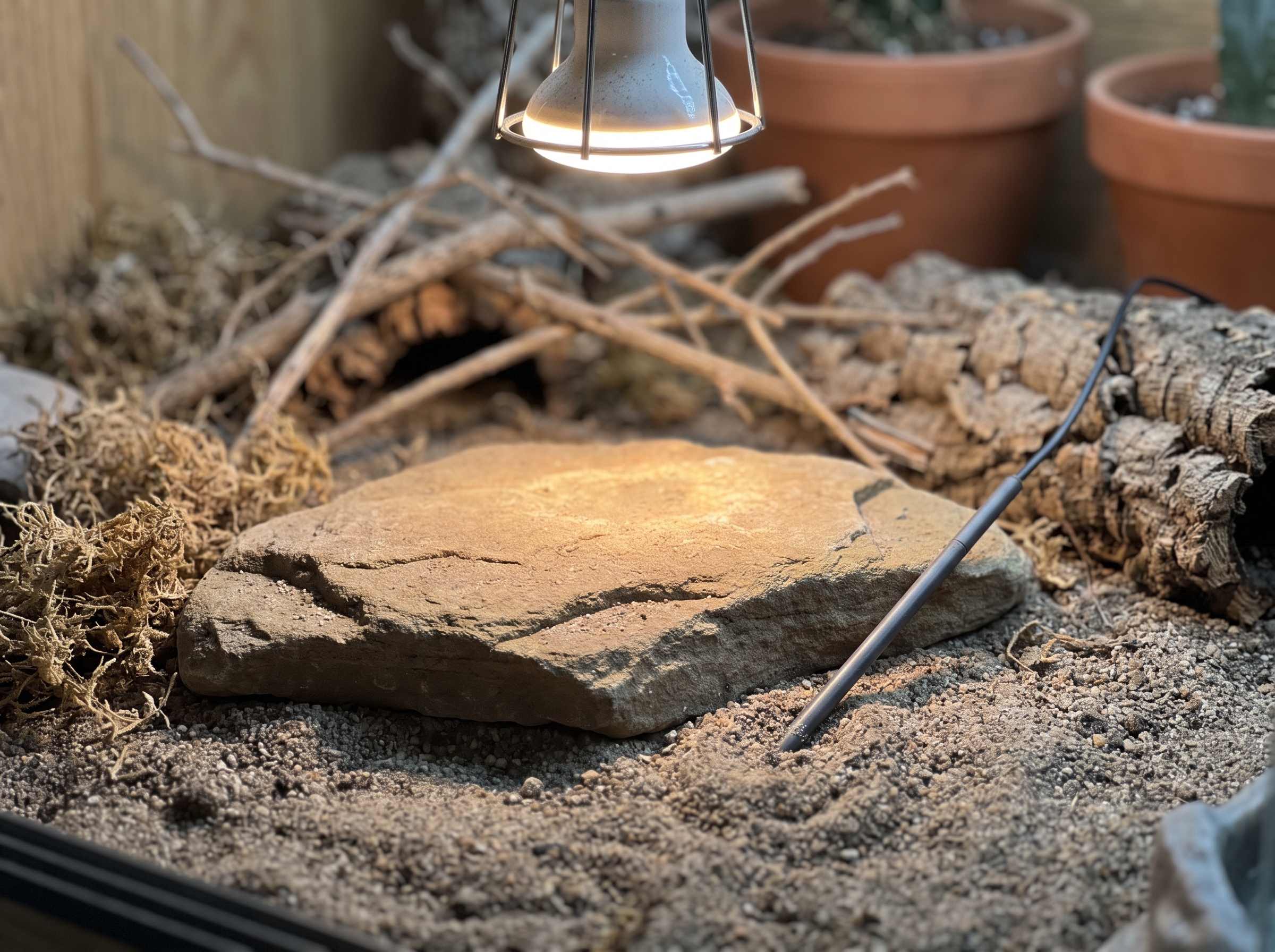A terrarium basking spot illuminated by an overhead heat lamp.