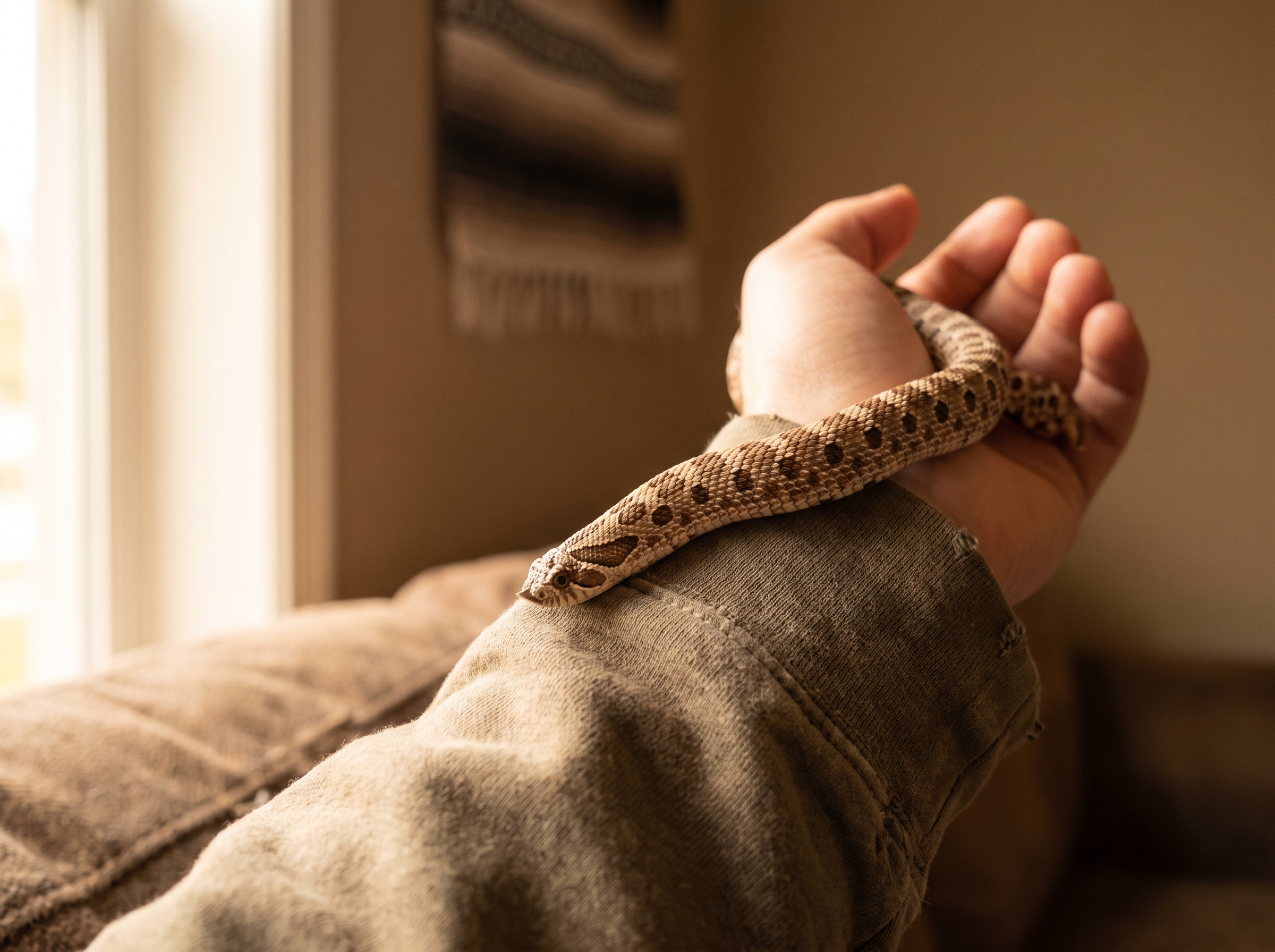 A hand supporting a western hognose snake during a calm handling session.