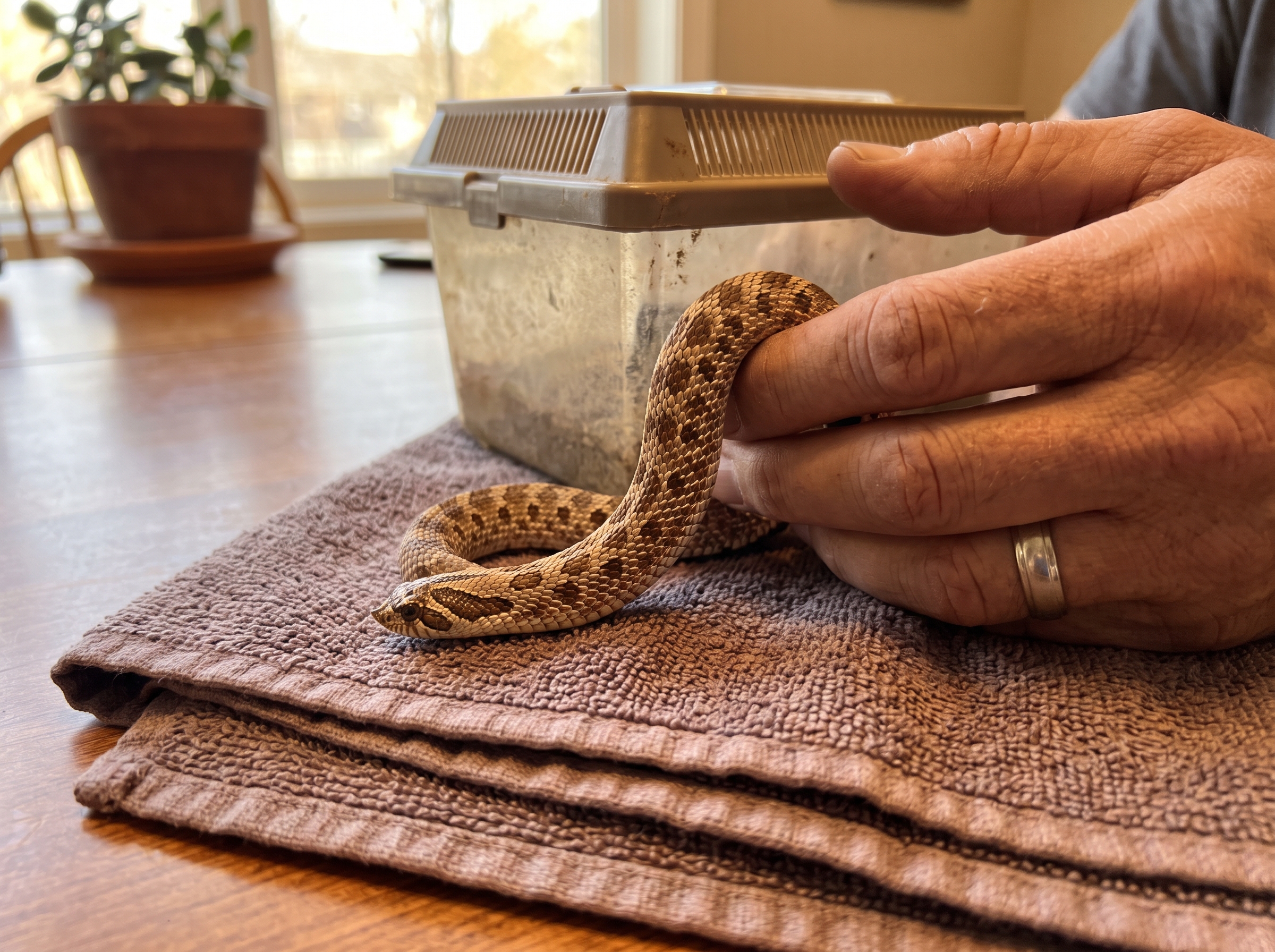 A western hognose snake being checked before purchase near a travel carrier.