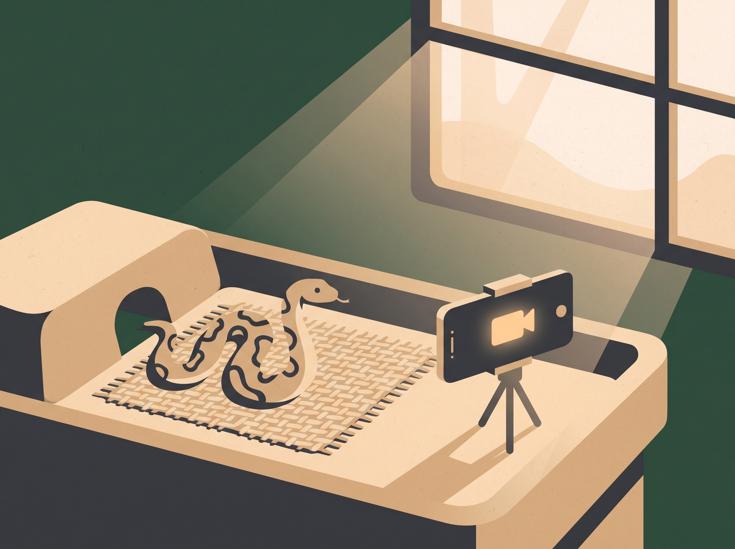 A snake in a terrarium being photographed with a smartphone on a tripod.